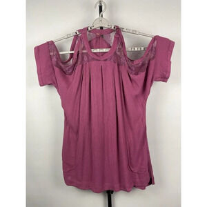 Free People Purple Pink Cold Shoulder Floral Lace‎ Sleeve Gauze Mini Dress